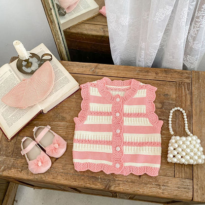 Baby Cotton Yarn Striped Knitted Cardigan Vest