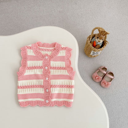 Baby Cotton Yarn Striped Knitted Cardigan Vest