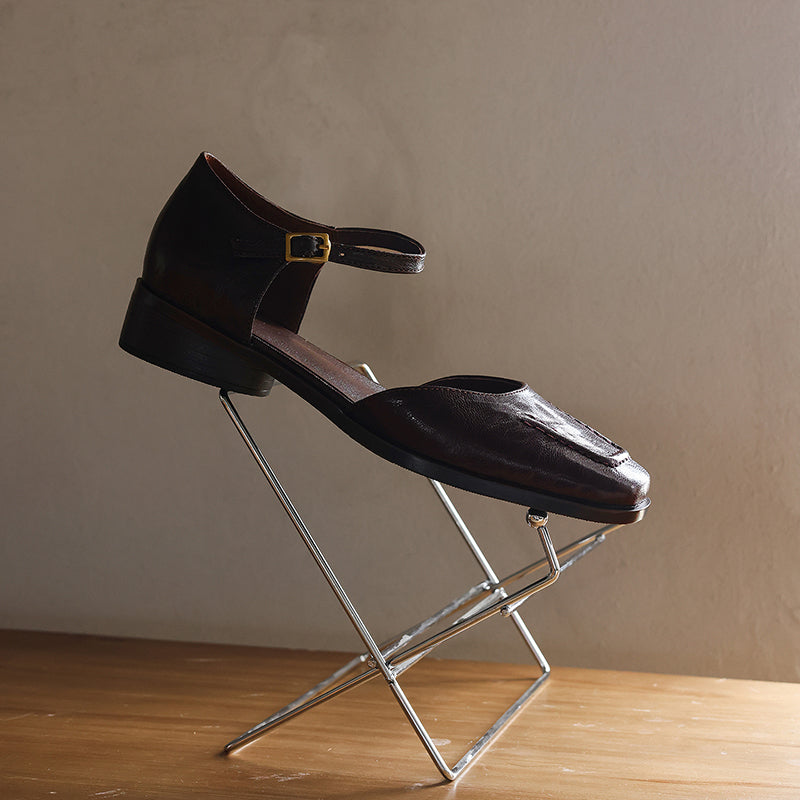 Handmade Full-Grain Sheepskin Mary Jane Sandals, Vintage Square Toe Low Block Heel Shoes