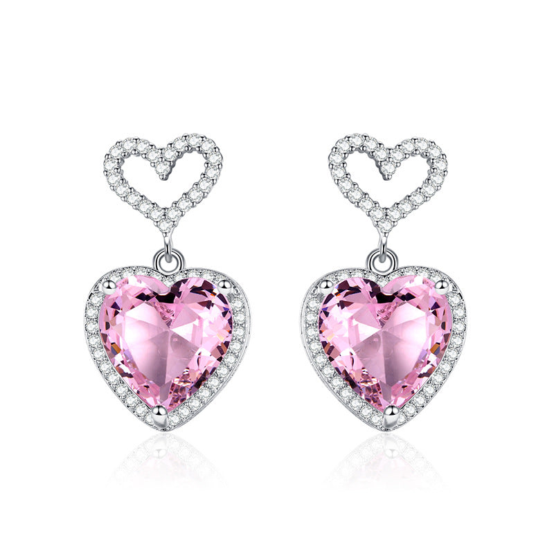 New Light Luxury Premium Feeling Pink Crystal Heart Earrings For Women Girls Niche Design Earrings Birthday Jewellery Gift