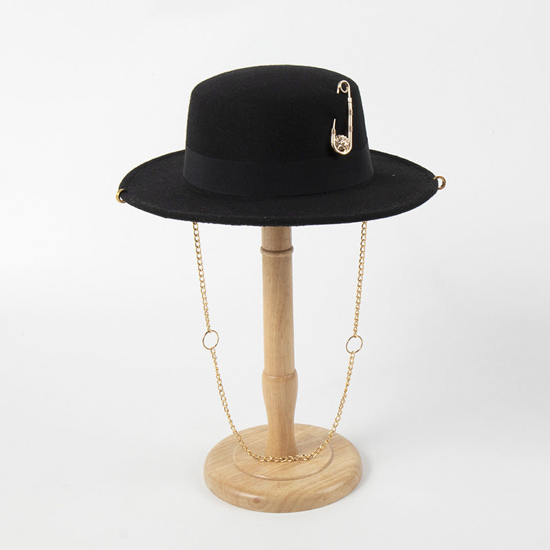 Female Felt Cap Pin Chain Decoration Flat Top Hat