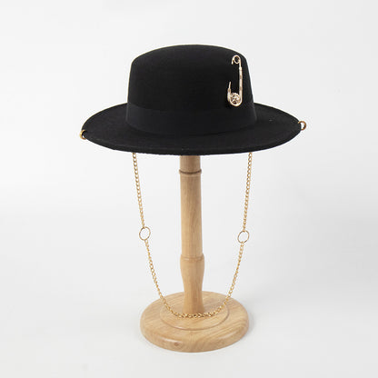 Female Felt Cap Pin Chain Decoration Flat Top Hat