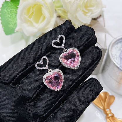 New Light Luxury Premium Feeling Pink Crystal Heart Earrings For Women Girls Niche Design Earrings Birthday Jewellery Gift