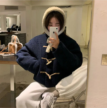 Horn Button Furry Coat Women&