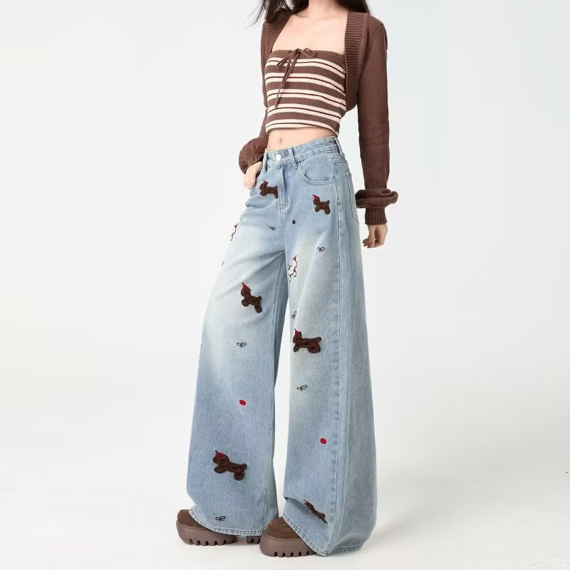 Fashionable Embroidered Wide-Leg Denim Jeans For Women