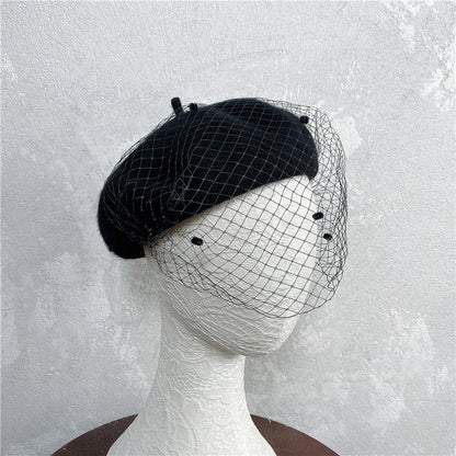 Vintage French Mesh Veil Pom Pom Versatile Wool Beret