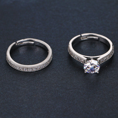 Adjustable Combination Zircon Set Ring Silver Plated Couple Jewelry