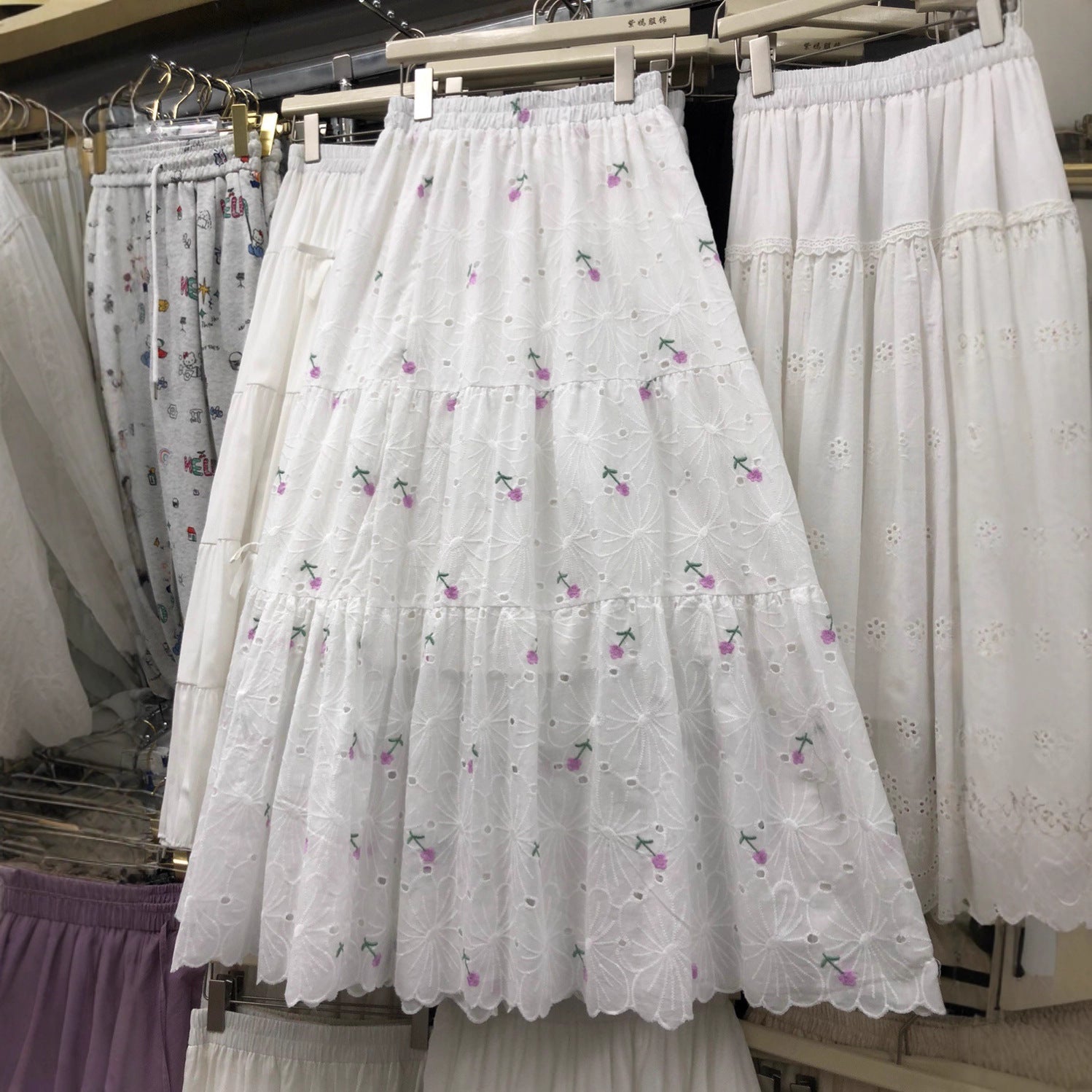 Sweet Mori-Style Embroidered Hollow-Out Lace Skirt