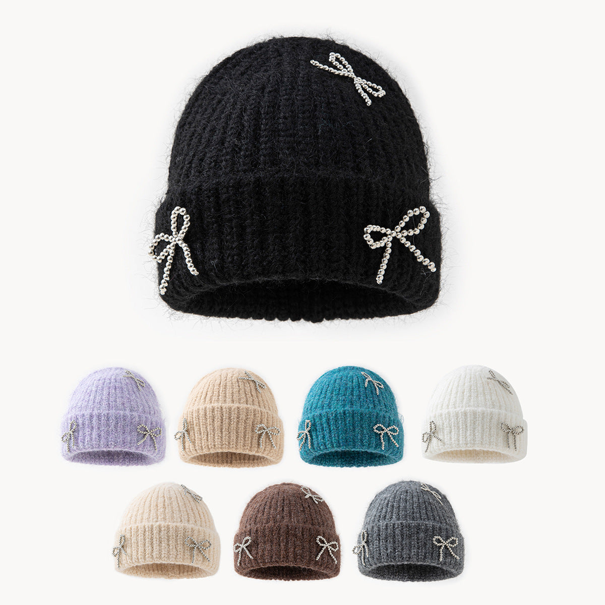 New AutumnWinter Solid-Color Bow-Knot All-Match Knitted Hat