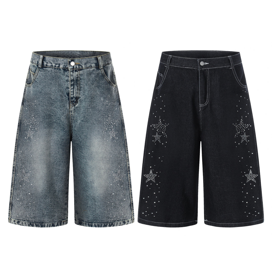 Star-shaped Rhinestone Embellished Capri Denim Shorts Womens Loose-fit