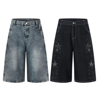 Star-shaped Rhinestone Embellished Capri Denim Shorts Womens Loose-fit