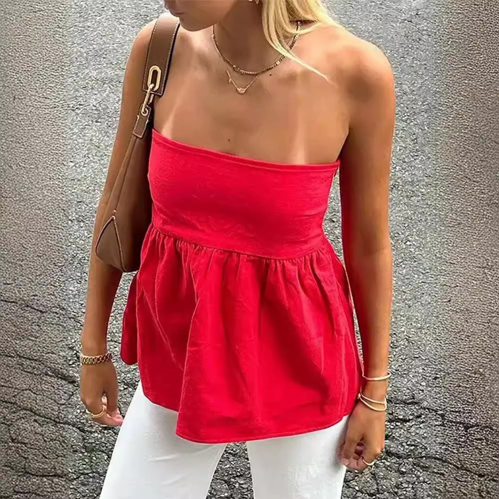 Summer Pure Color Tube-top Cropped Small Top