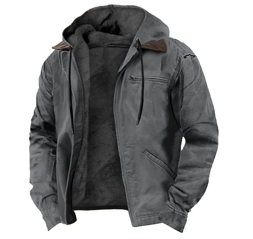Winter Hooded Coat With Pockets Fashion Warm Fleece Zip-up Jacket Casual Outwear Men&