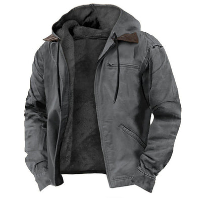 Winter Hooded Coat With Pockets Fashion Warm Fleece Zip-up Jacket Casual Outwear Men&