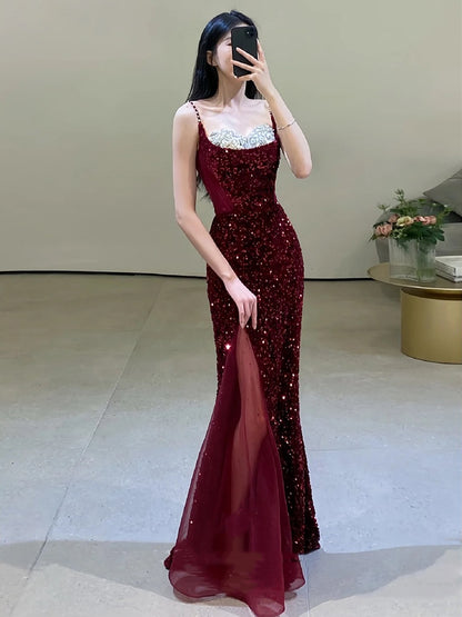 Bridal Fishtail Wine Red Sling Wedding Dress