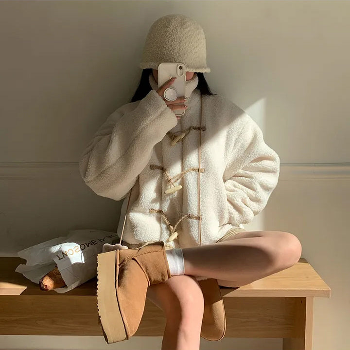 Horn Button Furry Coat Women&