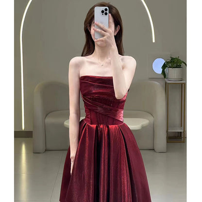 Wine Red Off-shoulder French Suit Bridal