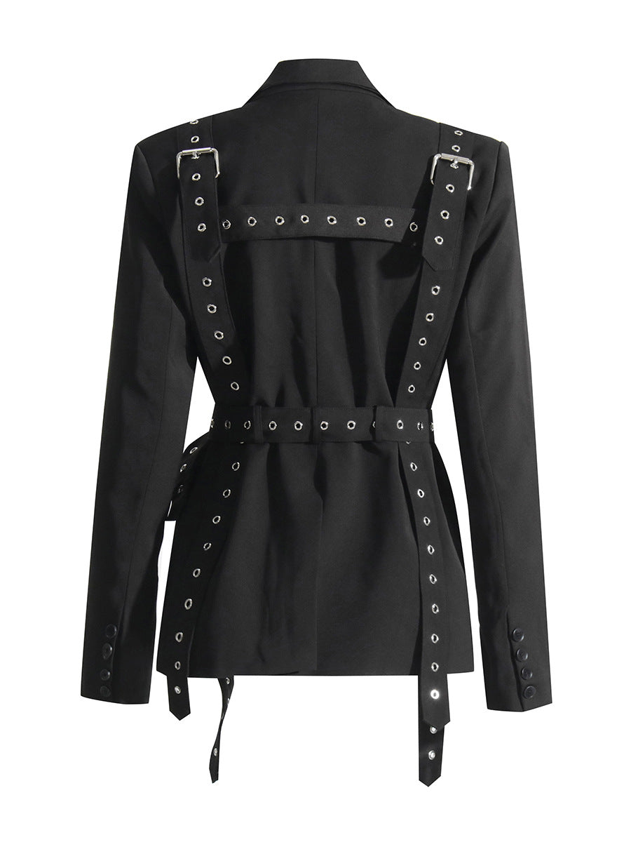 Fashionable Temperament Rivet Buckle Decorative Design Tight Waist Slimming Suit Coat Women&