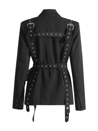Fashionable Temperament Rivet Buckle Decorative Design Tight Waist Slimming Suit Coat Women&