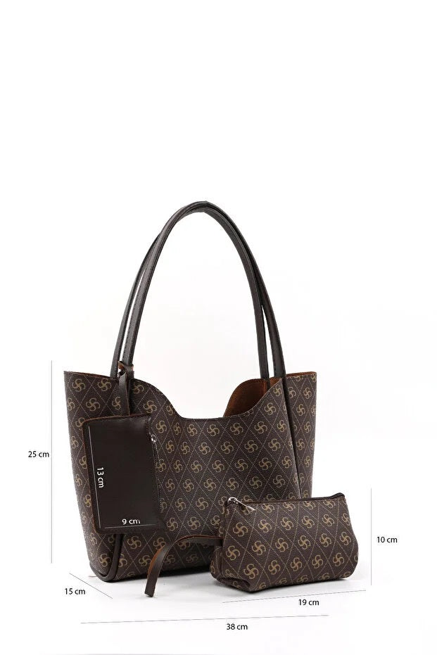 3in1 Monogram Brown Faux Leather Women Hand And Shoulder Bag With Wallet and Makeup Bag