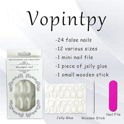 24 PCS Aurora White Nail Art, Length Long Water Pipe Fake Nails, Had Nail Tips False Nail