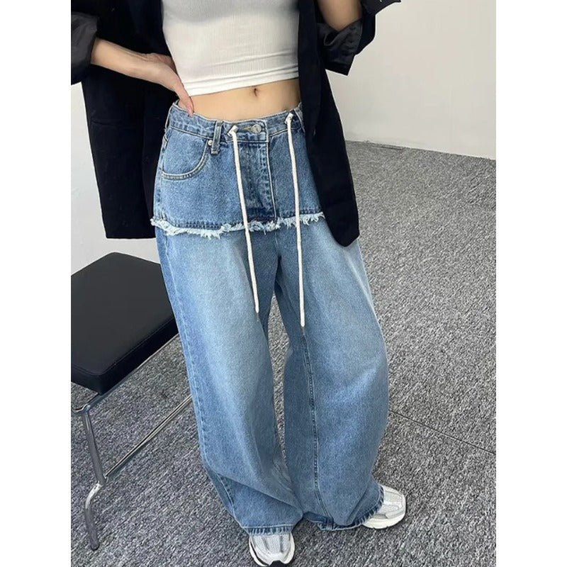 Drawstring-attached Patchwork-design Relaxed-fit Raw-hem Wide-leg Pants
