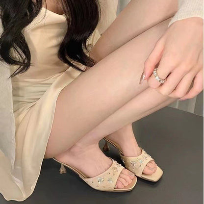Flower Petals, Rhinestones, Silk, Kitten Heels, Sandals