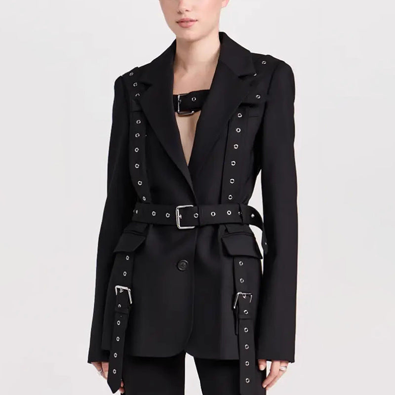 Fashionable Temperament Rivet Buckle Decorative Design Tight Waist Slimming Suit Coat Women&