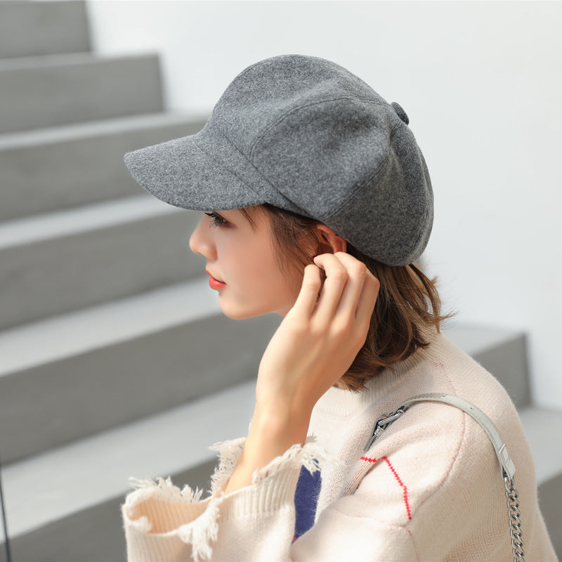 Woolen Octagonal Hat Young Woman Painter Peaked Beret