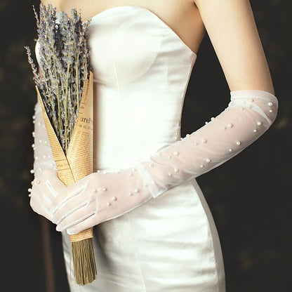 Bride Gloves White Wedding Dress Pearl Mesh