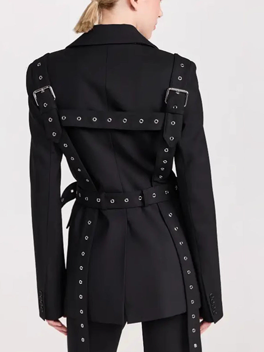 Fashionable Temperament Rivet Buckle Decorative Design Tight Waist Slimming Suit Coat Women&