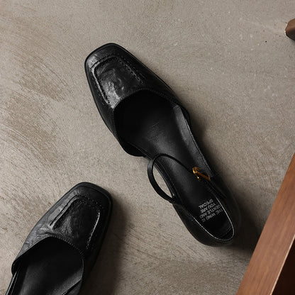 Handmade Full-Grain Sheepskin Mary Jane Sandals, Vintage Square Toe Low Block Heel Shoes