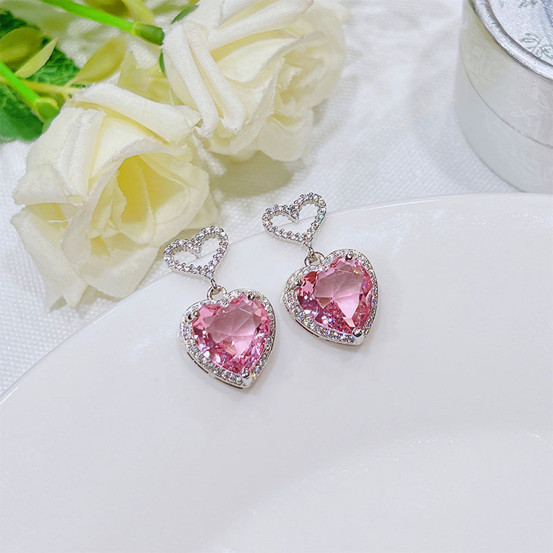 New Light Luxury Premium Feeling Pink Crystal Heart Earrings For Women Girls Niche Design Earrings Birthday Jewellery Gift