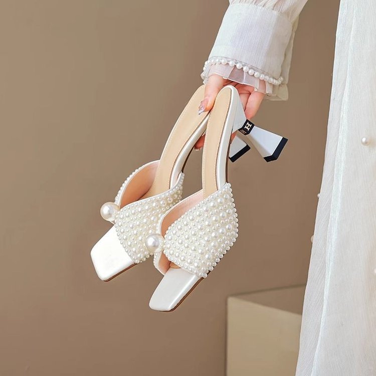 Pearl Slim Heels And Exposed Toes, Cool Slippers, Half Slippers