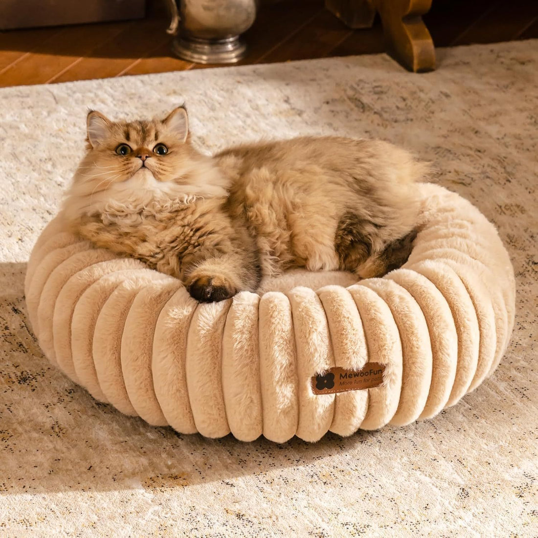MEWOOFUN Donut Cat Bed - Washable Round Pet Bed For Indoor Cats &amp; Kittens, Fluffy Non-Slip Calming Bed For Small Dogs, Light Brown