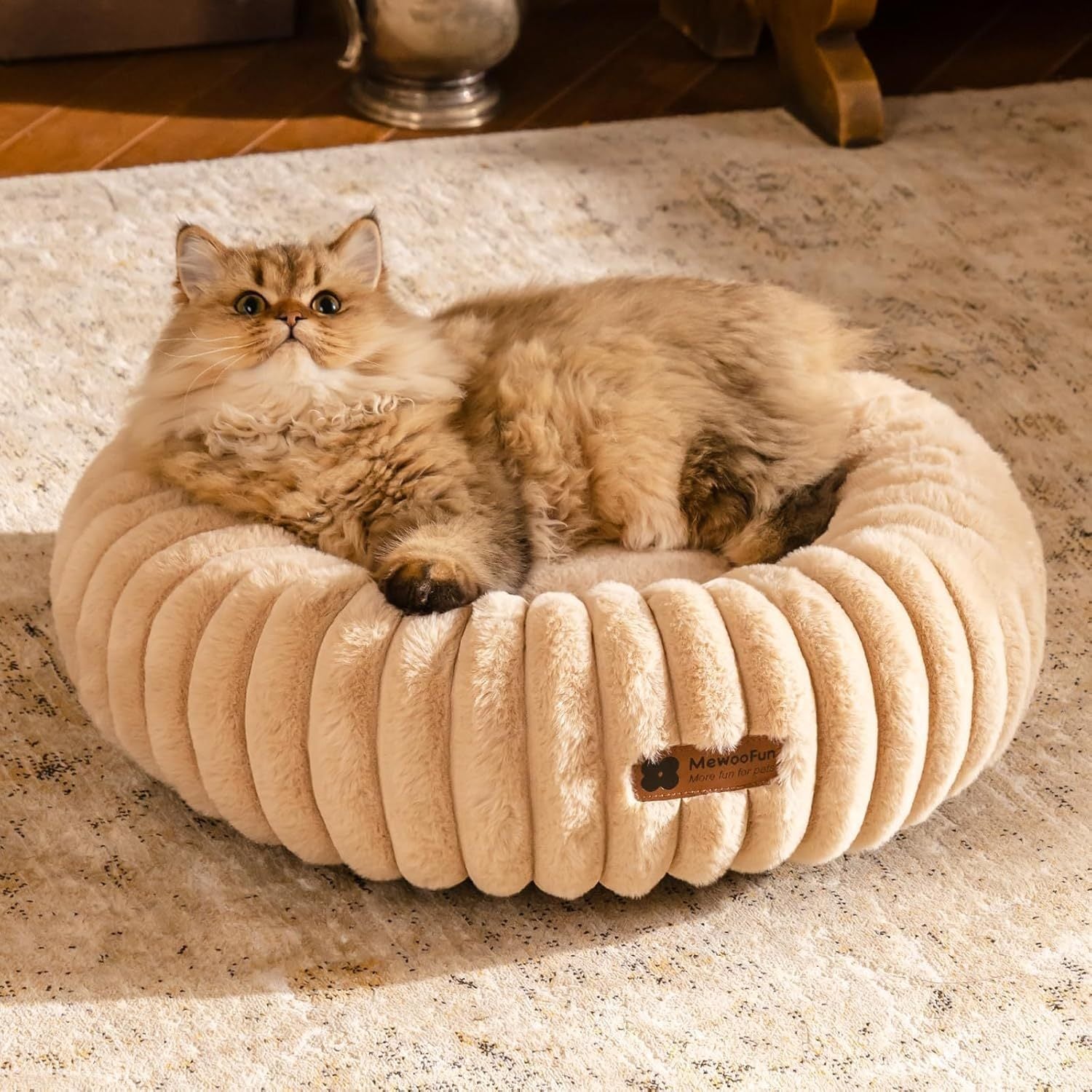 MEWOOFUN Donut Cat Bed - Washable Round Pet Bed For Indoor Cats &amp; Kittens, Fluffy Non-Slip Calming Bed For Small Dogs, Light Brown