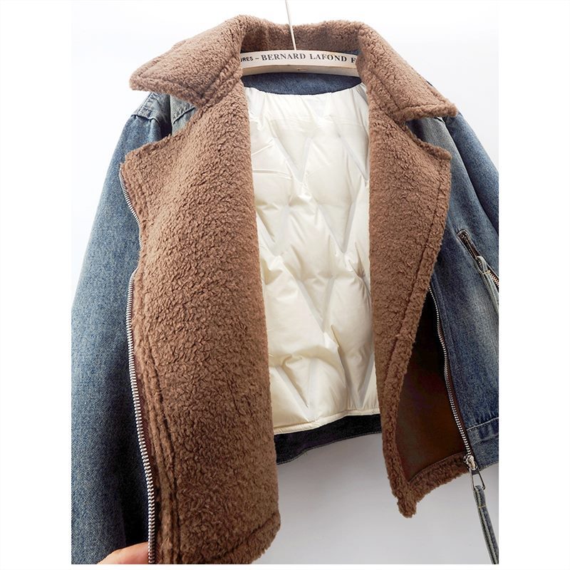 Lamb Wool Stitching Lightweight Down Liner Fleece-lined Denim Coat Women&