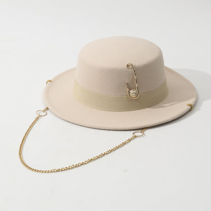 Female Felt Cap Pin Chain Decoration Flat Top Hat