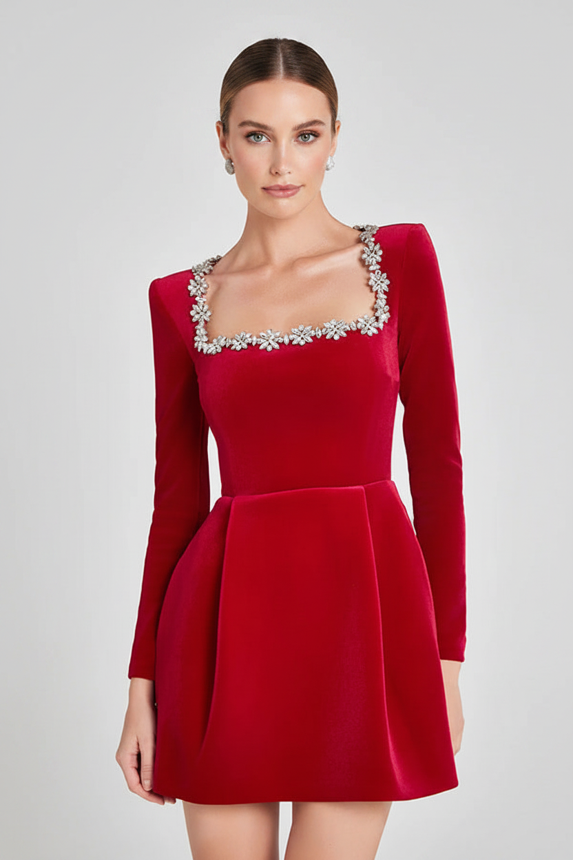 Dress Elegant Square Neck Long-sleeved Dress With Flowers Rhinestone Design
