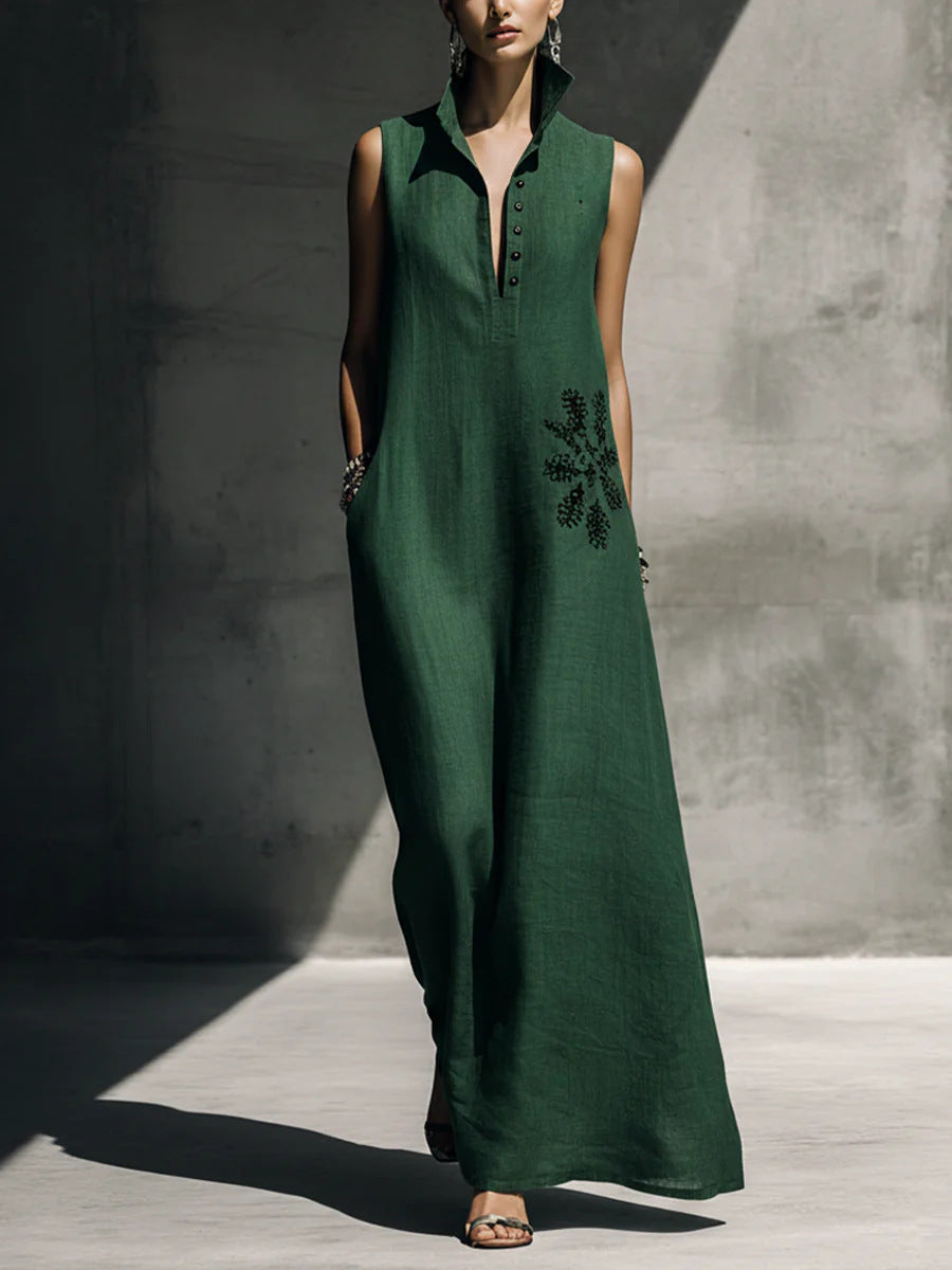 Heat-transfer Graphic Pocket Casual Mandarin-collar Cotton-linen Dress