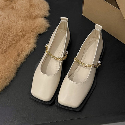 Square Toe Metal Chain Strap Slip On Flats - Casual Dress Comfortable Loafers
