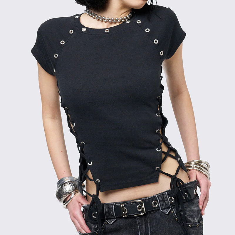 Post-apocalyptic-style Hollow-out Slim-fit Crewneck Short-sleeve Top That Flatters