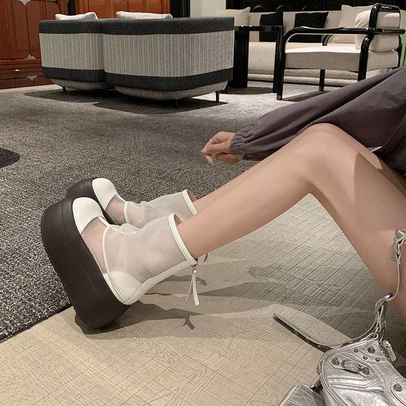 Hollowed-Out Thick-Soled Mesh Ankle Boots
