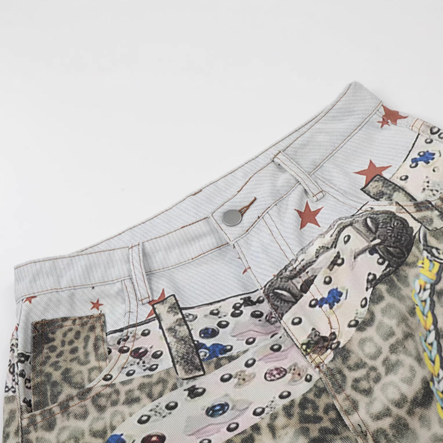Retro Leopard-Print Wide-Leg Cropped Denim Pants Womens Loose Casual Style