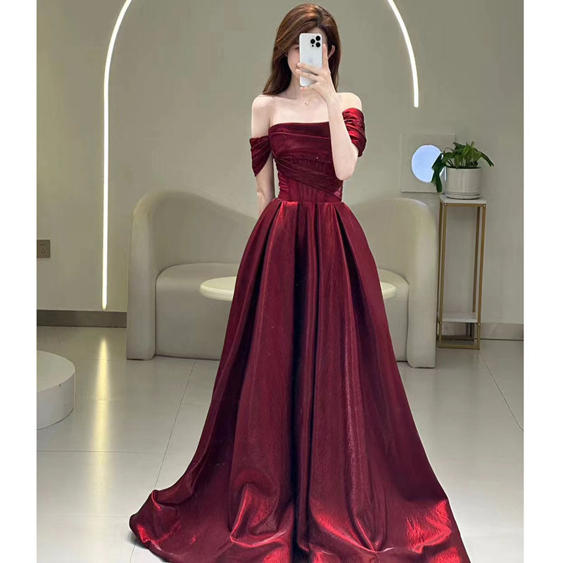 Wine Red Off-shoulder French Suit Bridal