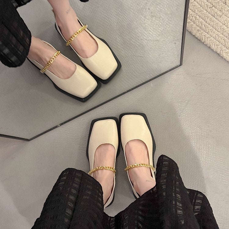 Square Toe Metal Chain Strap Slip On Flats - Casual Dress Comfortable Loafers