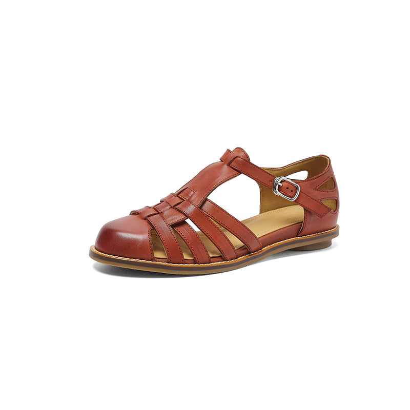 Premium Washed Full Grain Leather Fisherman Sandals, Closed-Toe Woven T-Strap Flats