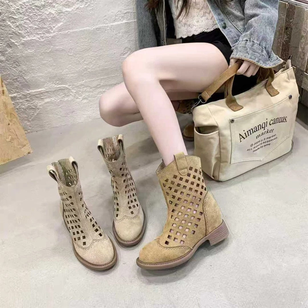 7cm Large Size Hollowed-Out Frosted Mesh Sandals Hole Mid-Calf Short Boots