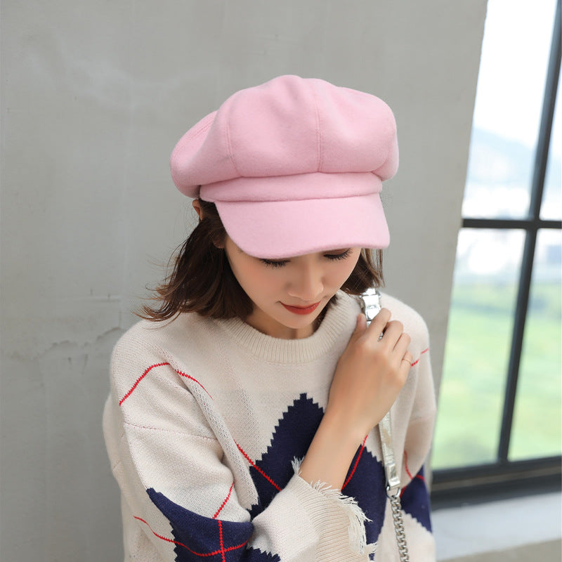 Woolen Octagonal Hat Young Woman Painter Peaked Beret