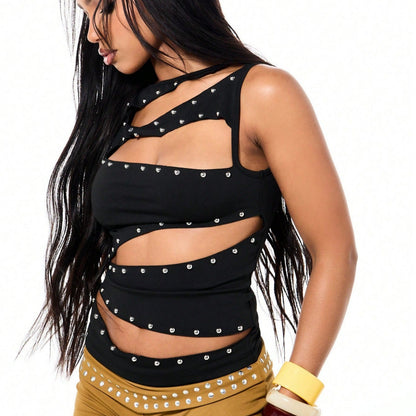 Summer Sexy Slim-Fit Black Top With Rivets